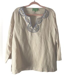 Pappagallo linen embroidery detail women’s shirt tunic Size L Cream Blue